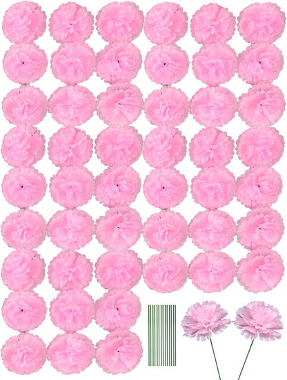 Artificial Carnation Flower, 50pcs Pink Silk Faux Flower Heads with Stem