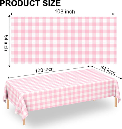 2 Pack Pink Gingham Tablecloth Rectangular Pink and White Checkered Tablecloths Disposable Plastic Pink Plaid Table Cover for Parties, Outdoor Picnic, Birthday, Wedding, Camping 54 × 108 Inch