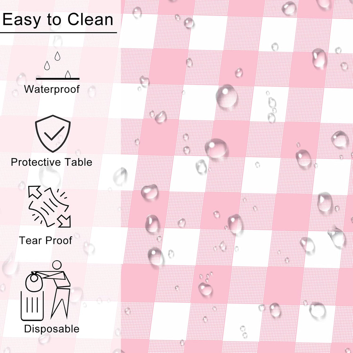 2 Pack Pink Gingham Tablecloth Rectangular Pink and White Checkered Tablecloths Disposable Plastic Pink Plaid Table Cover for Parties, Outdoor Picnic, Birthday, Wedding, Camping 54 × 108 Inch