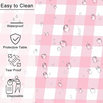 2 Pack Pink Gingham Tablecloth Rectangular Pink and White Checkered Tablecloths Disposable Plastic Pink Plaid Table Cover for Parties, Outdoor Picnic, Birthday, Wedding, Camping 54 × 108 Inch