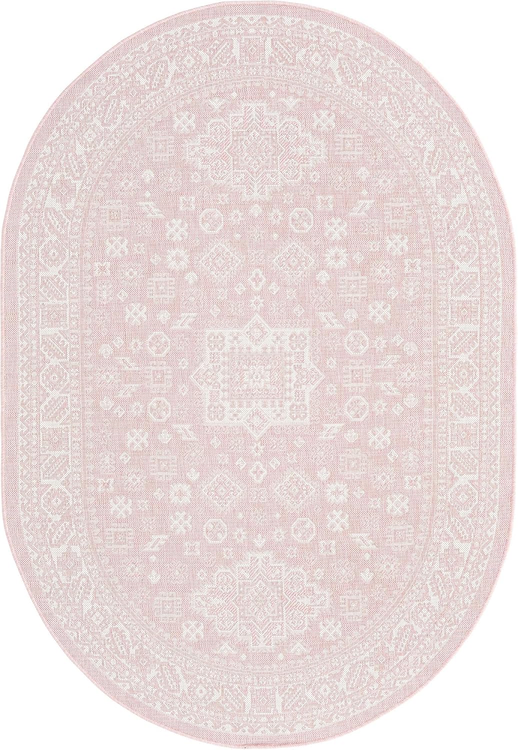 Outdoor Aztec Rug – 5' 3 x 8' Oval Pink Washable Indoor/Outdoor Rug – Perfect for Patios, Decks, and Porches