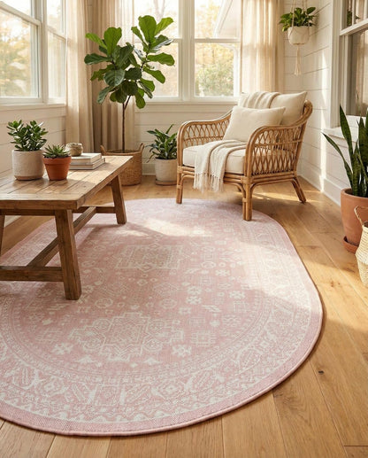 Outdoor Aztec Rug – 5' 3 x 8' Oval Pink Washable Indoor/Outdoor Rug – Perfect for Patios, Decks, and Porches
