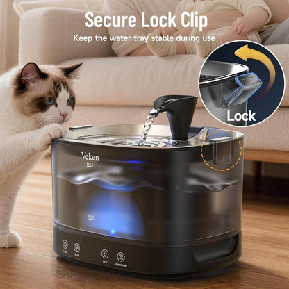 Veken Cordless Cat Water Fountain with Stainless Steel Tray & Secure Clips, 5200 mAh Battery Operated Pet Drinking Dispenser with LED Light, 85oz/2.5L Wireless Fountain for Cats, Dogs and Small Pets