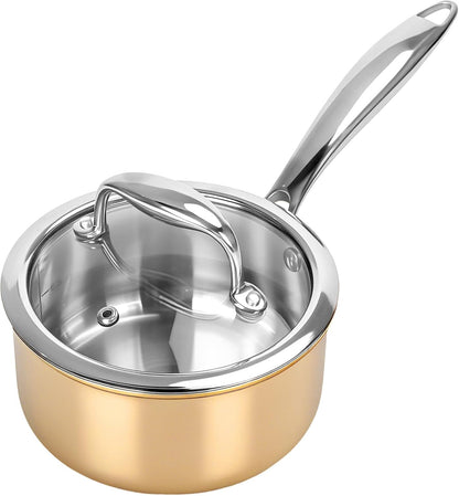 Sauce Pan with Glass Lid, 18/10 Stainless Steel Pot with Stay-Cool Handle, For All Stoves Multipurpose Use for Home Kitchen or Restaurant (1 Quart)- Rose Gold