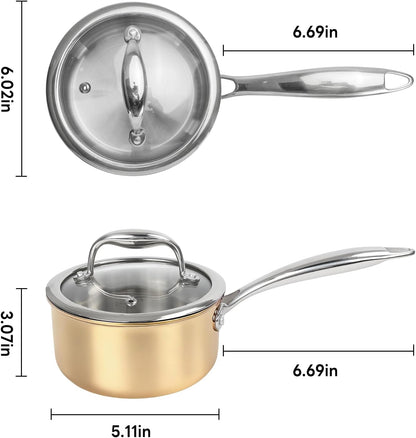 Sauce Pan with Glass Lid, 18/10 Stainless Steel Pot with Stay-Cool Handle, For All Stoves Multipurpose Use for Home Kitchen or Restaurant (1 Quart)- Rose Gold