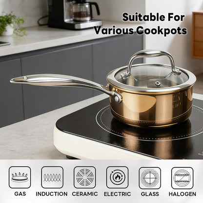 Sauce Pan with Glass Lid, 18/10 Stainless Steel Pot with Stay-Cool Handle, For All Stoves Multipurpose Use for Home Kitchen or Restaurant (1 Quart)- Rose Gold