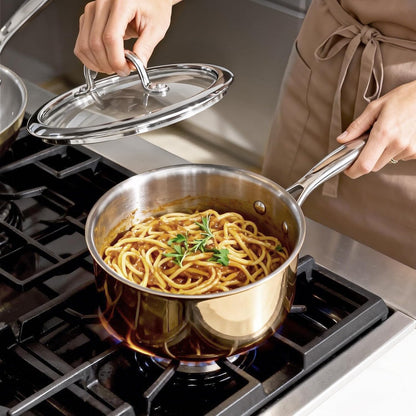 Sauce Pan with Glass Lid, 18/10 Stainless Steel Pot with Stay-Cool Handle, For All Stoves Multipurpose Use for Home Kitchen or Restaurant (1 Quart)- Rose Gold