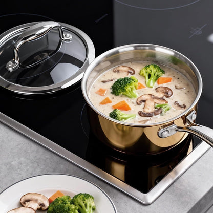 Sauce Pan with Glass Lid, 18/10 Stainless Steel Pot with Stay-Cool Handle, For All Stoves Multipurpose Use for Home Kitchen or Restaurant (1 Quart)- Rose Gold