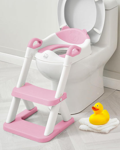 Girls Potty Training Seat with Step Stool Ladder, Pink Toilet Potty Seat for Baby Girl Toddlers, Kids Chair Stairs with Handles and Soft Cushion (White and Pink)