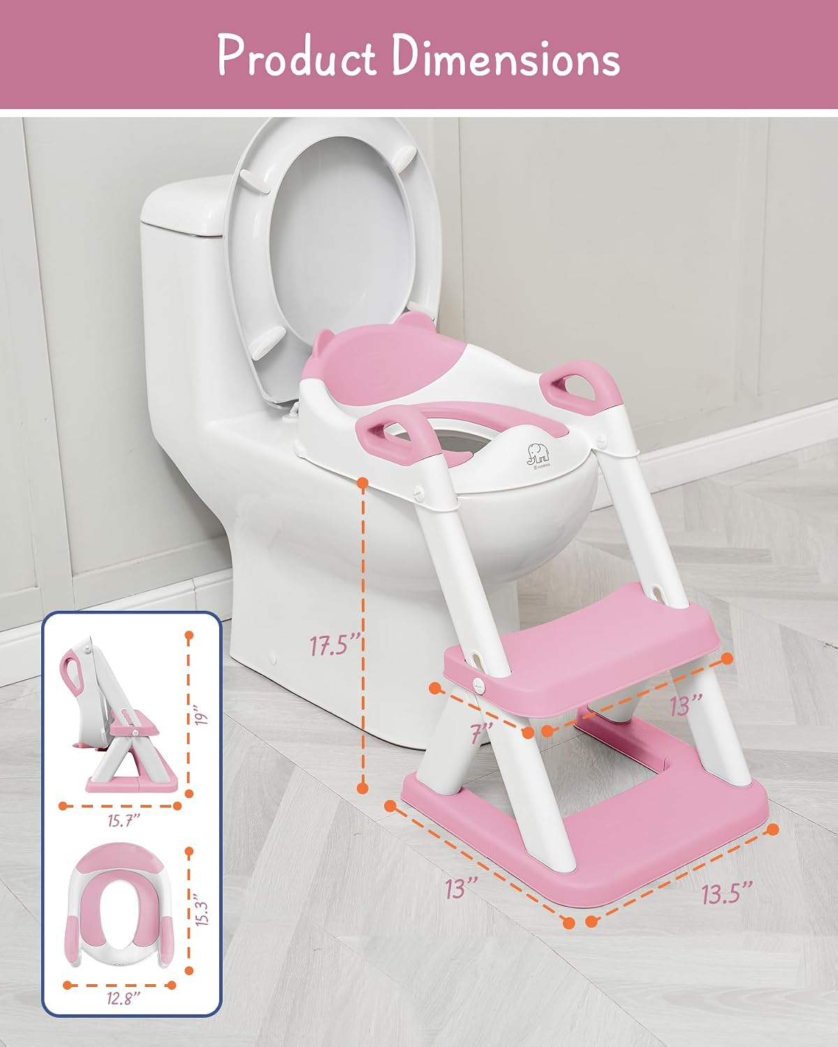 Girls Potty Training Seat with Step Stool Ladder, Pink Toilet Potty Seat for Baby Girl Toddlers, Kids Chair Stairs with Handles and Soft Cushion (White and Pink)