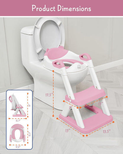 Girls Potty Training Seat with Step Stool Ladder, Pink Toilet Potty Seat for Baby Girl Toddlers, Kids Chair Stairs with Handles and Soft Cushion (White and Pink)