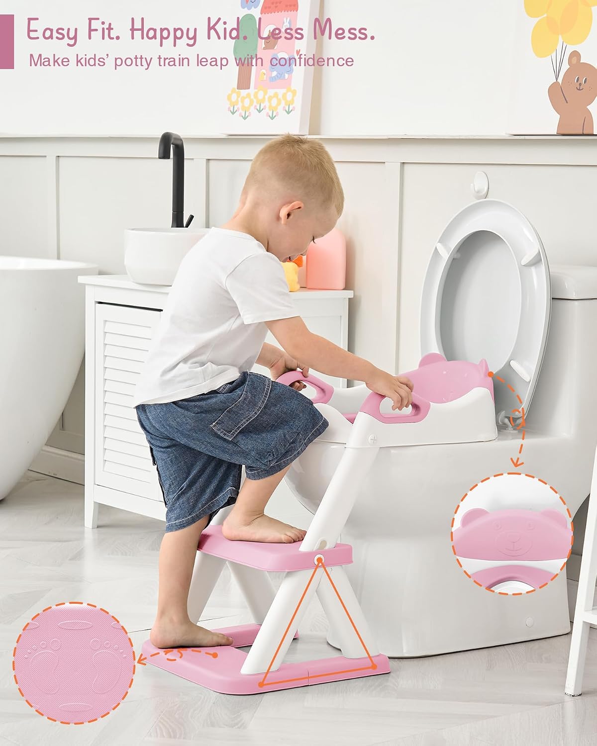 Girls Potty Training Seat with Step Stool Ladder, Pink Toilet Potty Seat for Baby Girl Toddlers, Kids Chair Stairs with Handles and Soft Cushion (White and Pink)