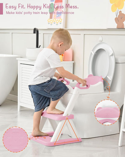 Girls Potty Training Seat with Step Stool Ladder, Pink Toilet Potty Seat for Baby Girl Toddlers, Kids Chair Stairs with Handles and Soft Cushion (White and Pink)