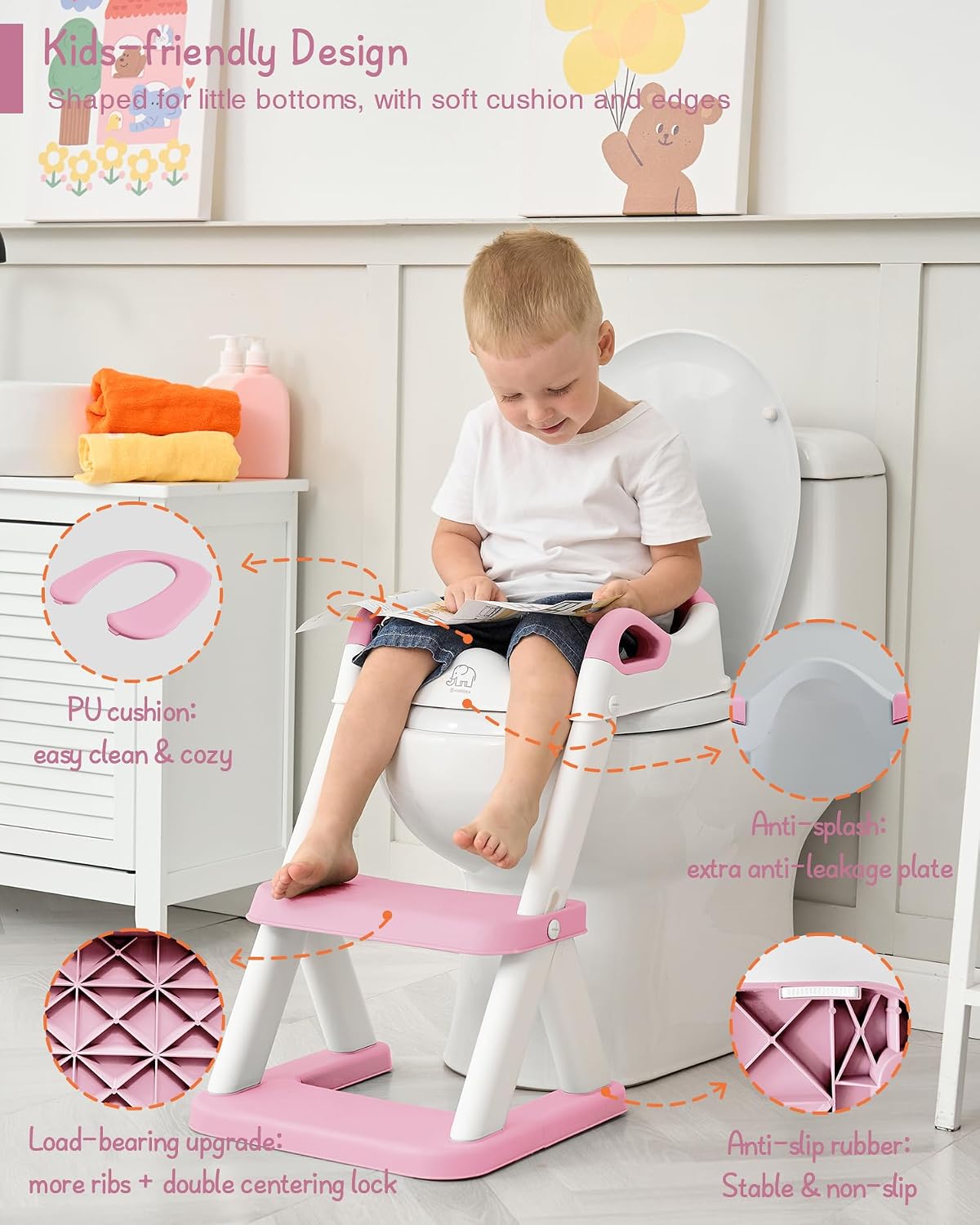 Girls Potty Training Seat with Step Stool Ladder, Pink Toilet Potty Seat for Baby Girl Toddlers, Kids Chair Stairs with Handles and Soft Cushion (White and Pink)