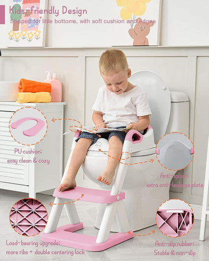 Girls Potty Training Seat with Step Stool Ladder, Pink Toilet Potty Seat for Baby Girl Toddlers, Kids Chair Stairs with Handles and Soft Cushion (White and Pink)