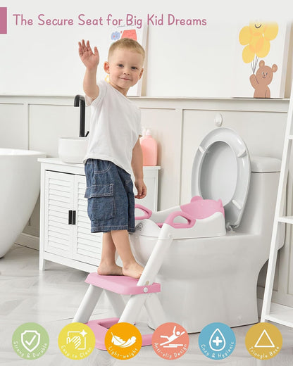 Girls Potty Training Seat with Step Stool Ladder, Pink Toilet Potty Seat for Baby Girl Toddlers, Kids Chair Stairs with Handles and Soft Cushion (White and Pink)