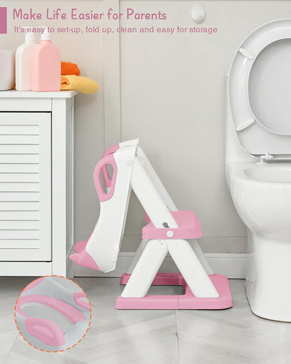 Girls Potty Training Seat with Step Stool Ladder, Pink Toilet Potty Seat for Baby Girl Toddlers, Kids Chair Stairs with Handles and Soft Cushion (White and Pink)