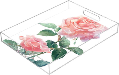 Plastic Food Serving Tray Decorative Vanity Trays for Bathroom Pink Roses Leaves Coffee Table Kitchen Counter 11.8 * 15.7in