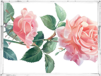 Plastic Food Serving Tray Decorative Vanity Trays for Bathroom Pink Roses Leaves Coffee Table Kitchen Counter 11.8 * 15.7in