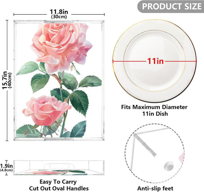 Plastic Food Serving Tray Decorative Vanity Trays for Bathroom Pink Roses Leaves Coffee Table Kitchen Counter 11.8 * 15.7in