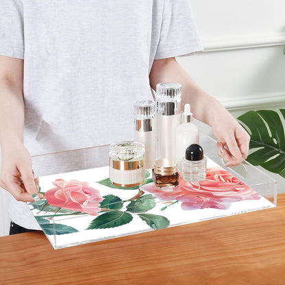 Plastic Food Serving Tray Decorative Vanity Trays for Bathroom Pink Roses Leaves Coffee Table Kitchen Counter 11.8 * 15.7in