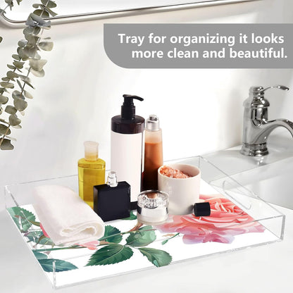 Plastic Food Serving Tray Decorative Vanity Trays for Bathroom Pink Roses Leaves Coffee Table Kitchen Counter 11.8 * 15.7in