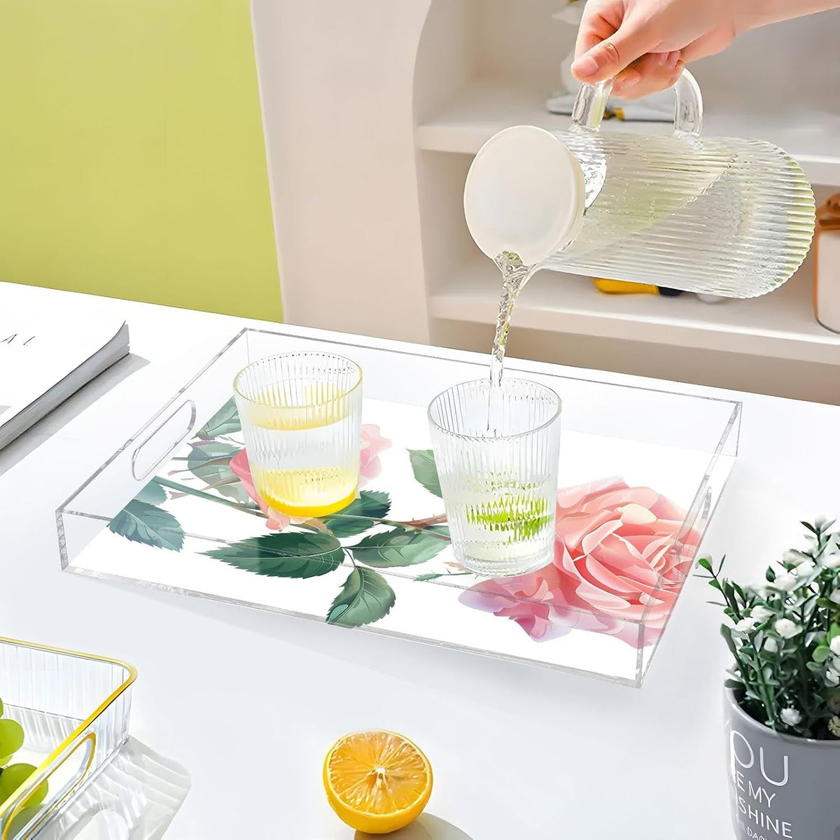 Plastic Food Serving Tray Decorative Vanity Trays for Bathroom Pink Roses Leaves Coffee Table Kitchen Counter 11.8 * 15.7in