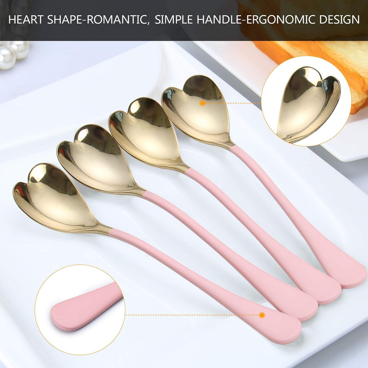 Dessert Spoons,Pink Heart Shaped Spoons,6.7 inches,18/10 Stainless Steel