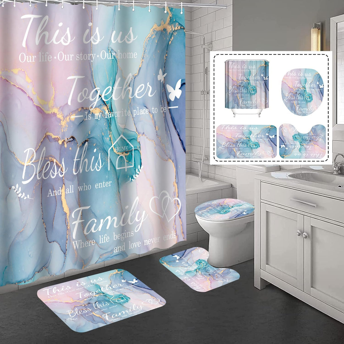 4Pcs Family Marble Shower Curtain Sets with Rugs