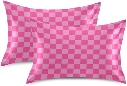 Pink Checkered Pillow Covers Silk Pillowcase for Hair and Skin Breathable Smooth Soft Satin Pillowcase King Size Pillow Case for Girls Women Bed Hot Sleepers (20x30 Inch)