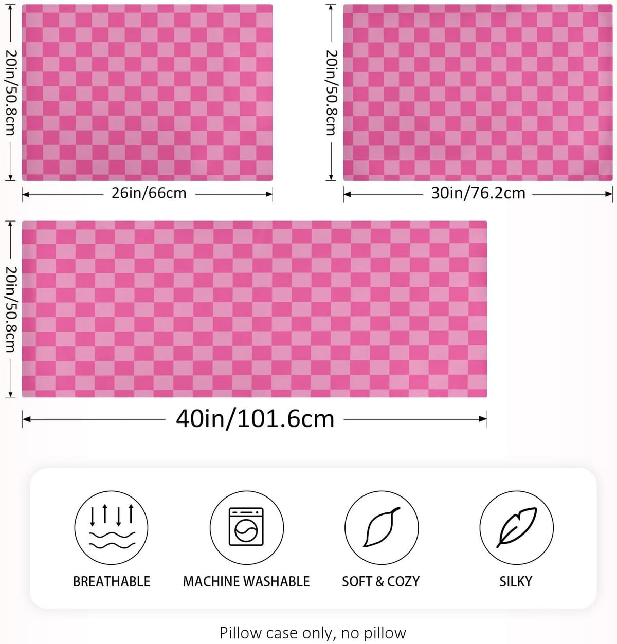 Pink Checkered Pillow Covers Silk Pillowcase for Hair and Skin Breathable Smooth Soft Satin Pillowcase King Size Pillow Case for Girls Women Bed Hot Sleepers (20x30 Inch)