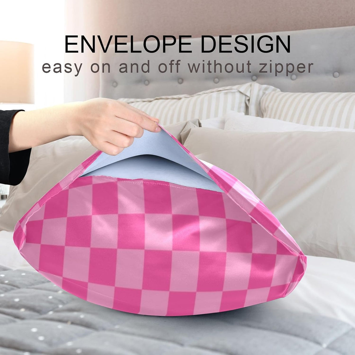Pink Checkered Pillow Covers Silk Pillowcase for Hair and Skin Breathable Smooth Soft Satin Pillowcase King Size Pillow Case for Girls Women Bed Hot Sleepers (20x30 Inch)