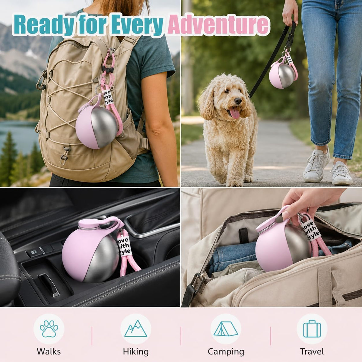 Portable Dog Water bottle-2-in-1 Portable Dog Water Bottle for Small Dogs Leak-Proof Stainless Steel Design, Ideal for Hiking, Compact Pet Drinking Bowl (Pink)