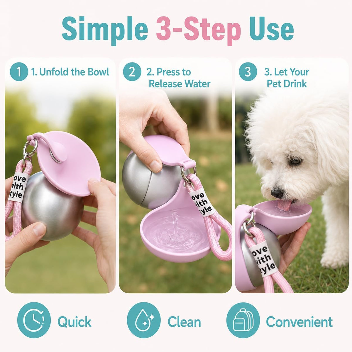 Portable Dog Water bottle-2-in-1 Portable Dog Water Bottle for Small Dogs Leak-Proof Stainless Steel Design, Ideal for Hiking, Compact Pet Drinking Bowl (Pink)