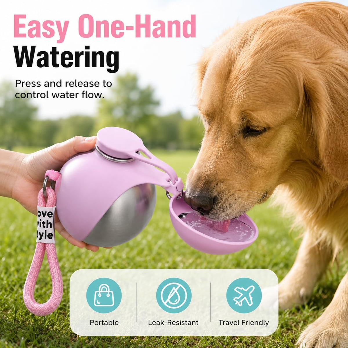 Portable Dog Water bottle-2-in-1 Portable Dog Water Bottle for Small Dogs Leak-Proof Stainless Steel Design, Ideal for Hiking, Compact Pet Drinking Bowl (Pink)