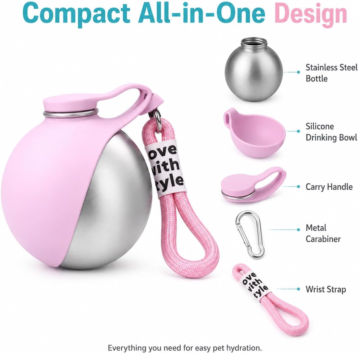 Portable Dog Water bottle-2-in-1 Portable Dog Water Bottle for Small Dogs Leak-Proof Stainless Steel Design, Ideal for Hiking, Compact Pet Drinking Bowl (Pink)
