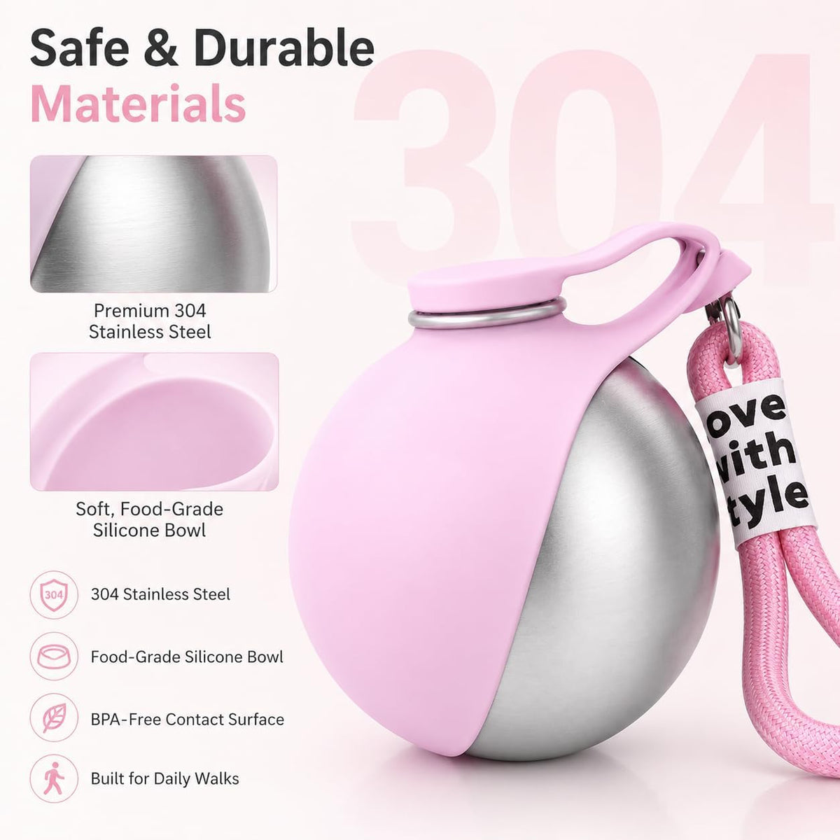 Portable Dog Water bottle-2-in-1 Portable Dog Water Bottle for Small Dogs Leak-Proof Stainless Steel Design, Ideal for Hiking, Compact Pet Drinking Bowl (Pink)