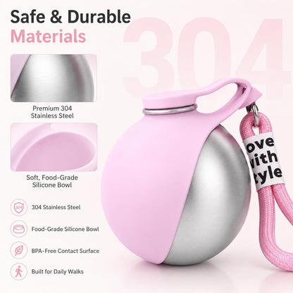 Portable Dog Water bottle-2-in-1 Portable Dog Water Bottle for Small Dogs Leak-Proof Stainless Steel Design, Ideal for Hiking, Compact Pet Drinking Bowl (Pink)