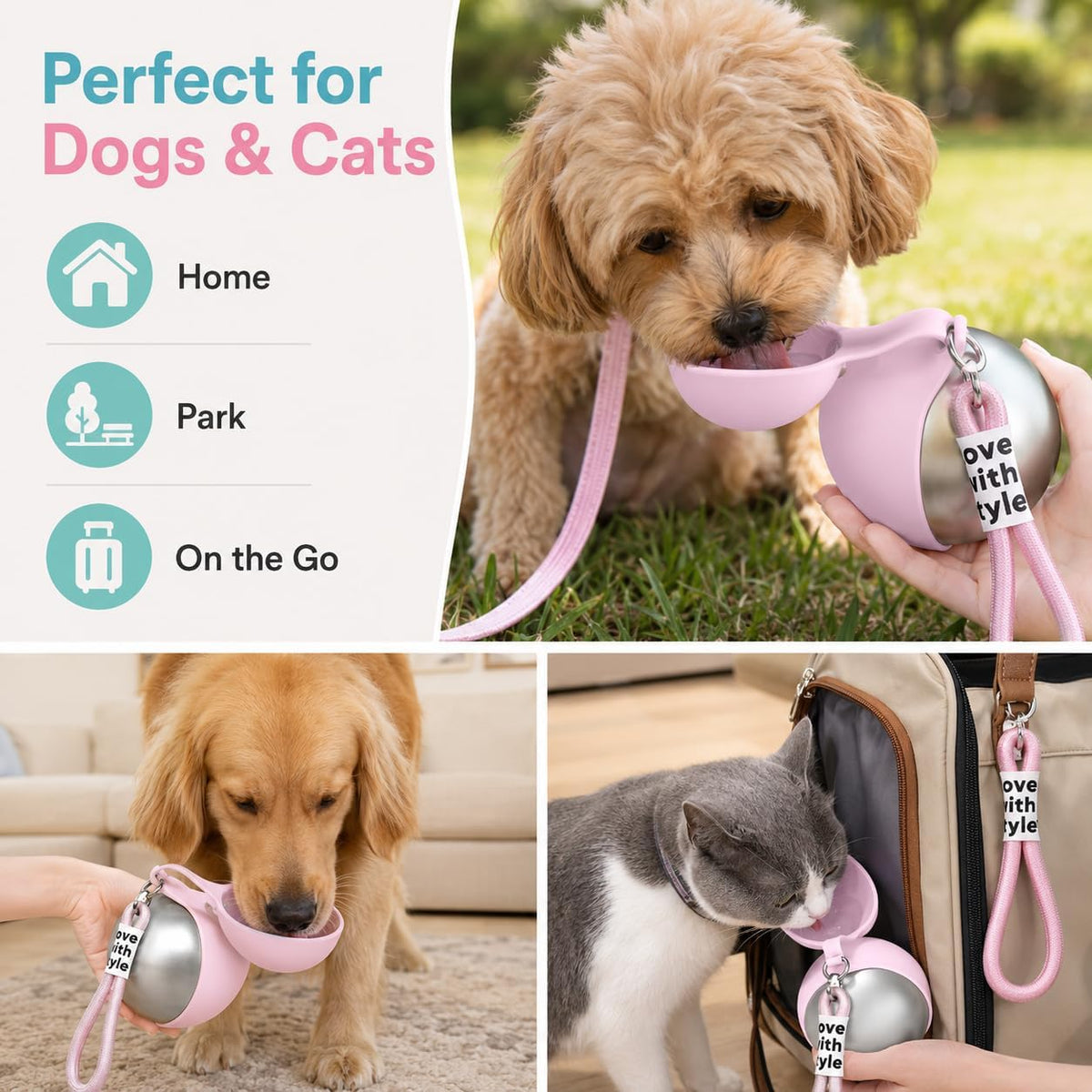 Portable Dog Water bottle-2-in-1 Portable Dog Water Bottle for Small Dogs Leak-Proof Stainless Steel Design, Ideal for Hiking, Compact Pet Drinking Bowl (Pink)