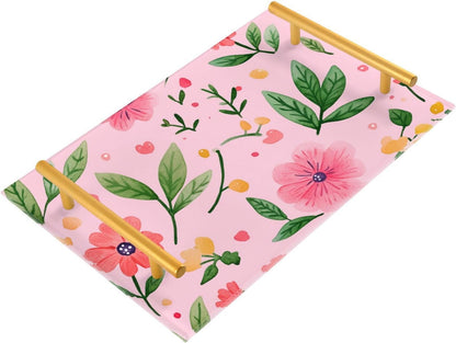 Flowers Floral Pink Decorative Large Tray with Handles Outdoor Serving Tray for Jewelry Perfume for Food Carrying bandejas para cumpleanos