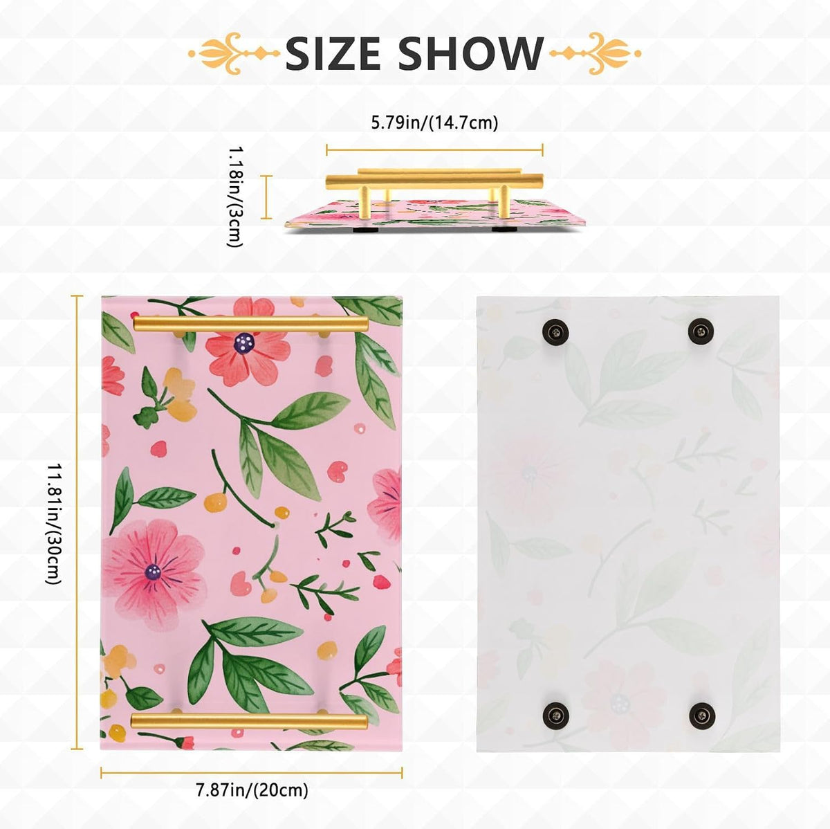 Flowers Floral Pink Decorative Large Tray with Handles Outdoor Serving Tray for Jewelry Perfume for Food Carrying bandejas para cumpleanos