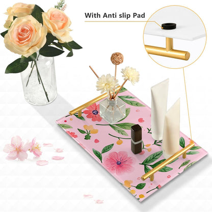 Flowers Floral Pink Decorative Large Tray with Handles Outdoor Serving Tray for Jewelry Perfume for Food Carrying bandejas para cumpleanos