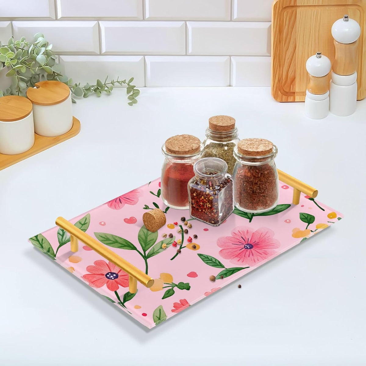 Flowers Floral Pink Decorative Large Tray with Handles Outdoor Serving Tray for Jewelry Perfume for Food Carrying bandejas para cumpleanos