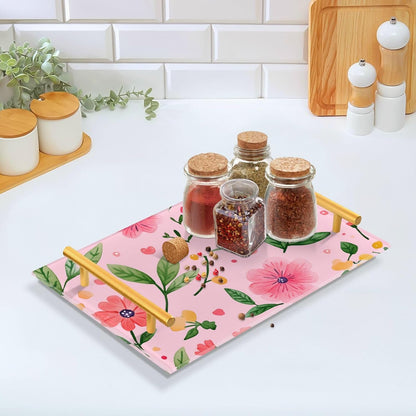 Flowers Floral Pink Decorative Large Tray with Handles Outdoor Serving Tray for Jewelry Perfume for Food Carrying bandejas para cumpleanos