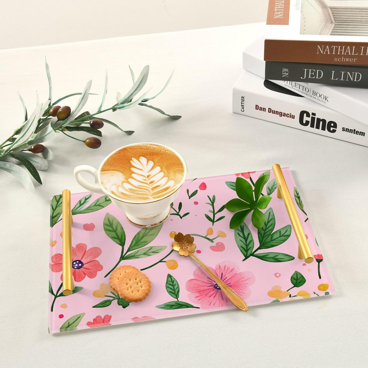 Flowers Floral Pink Decorative Large Tray with Handles Outdoor Serving Tray for Jewelry Perfume for Food Carrying bandejas para cumpleanos
