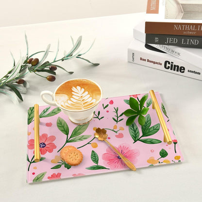 Flowers Floral Pink Decorative Large Tray with Handles Outdoor Serving Tray for Jewelry Perfume for Food Carrying bandejas para cumpleanos