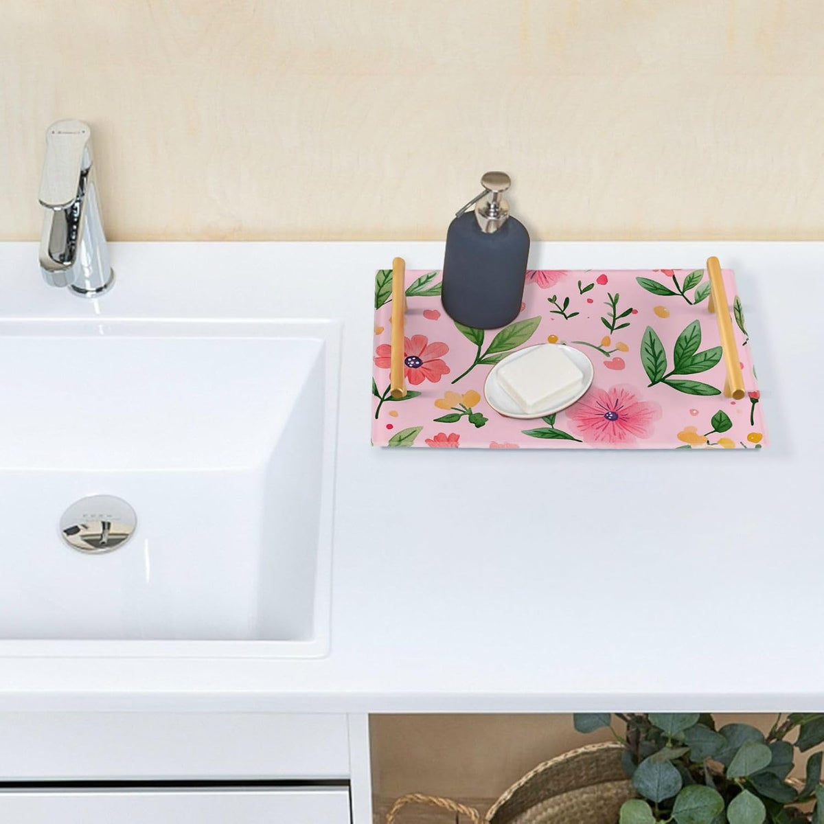 Flowers Floral Pink Decorative Large Tray with Handles Outdoor Serving Tray for Jewelry Perfume for Food Carrying bandejas para cumpleanos