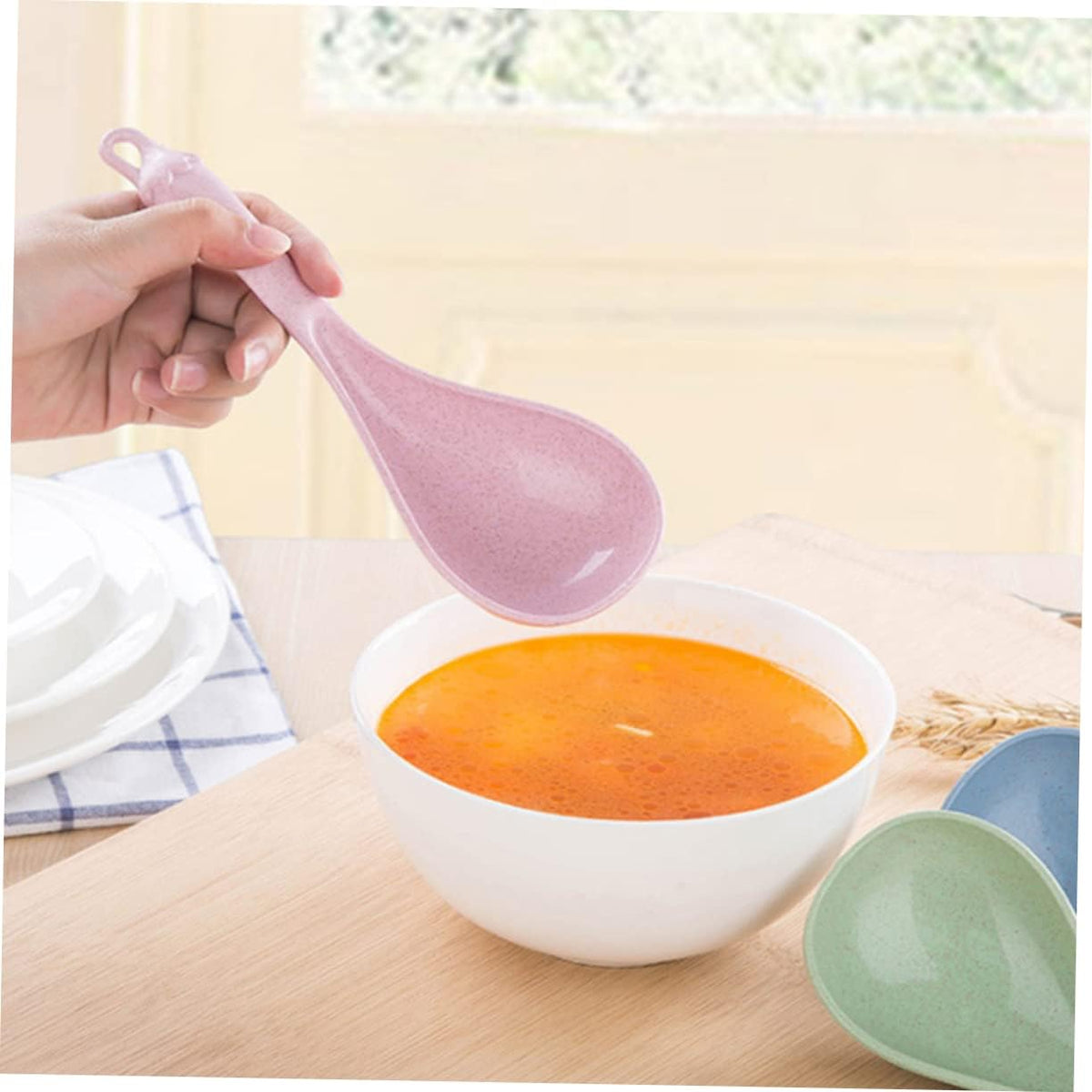 4pcs Long Handle Soup Spoons Ergonomic Food Serving and Rice Spoons for Porridge Hot Pot and More Blue Green Beige Pink Lightweight Easy to Clean for Kitchen Use