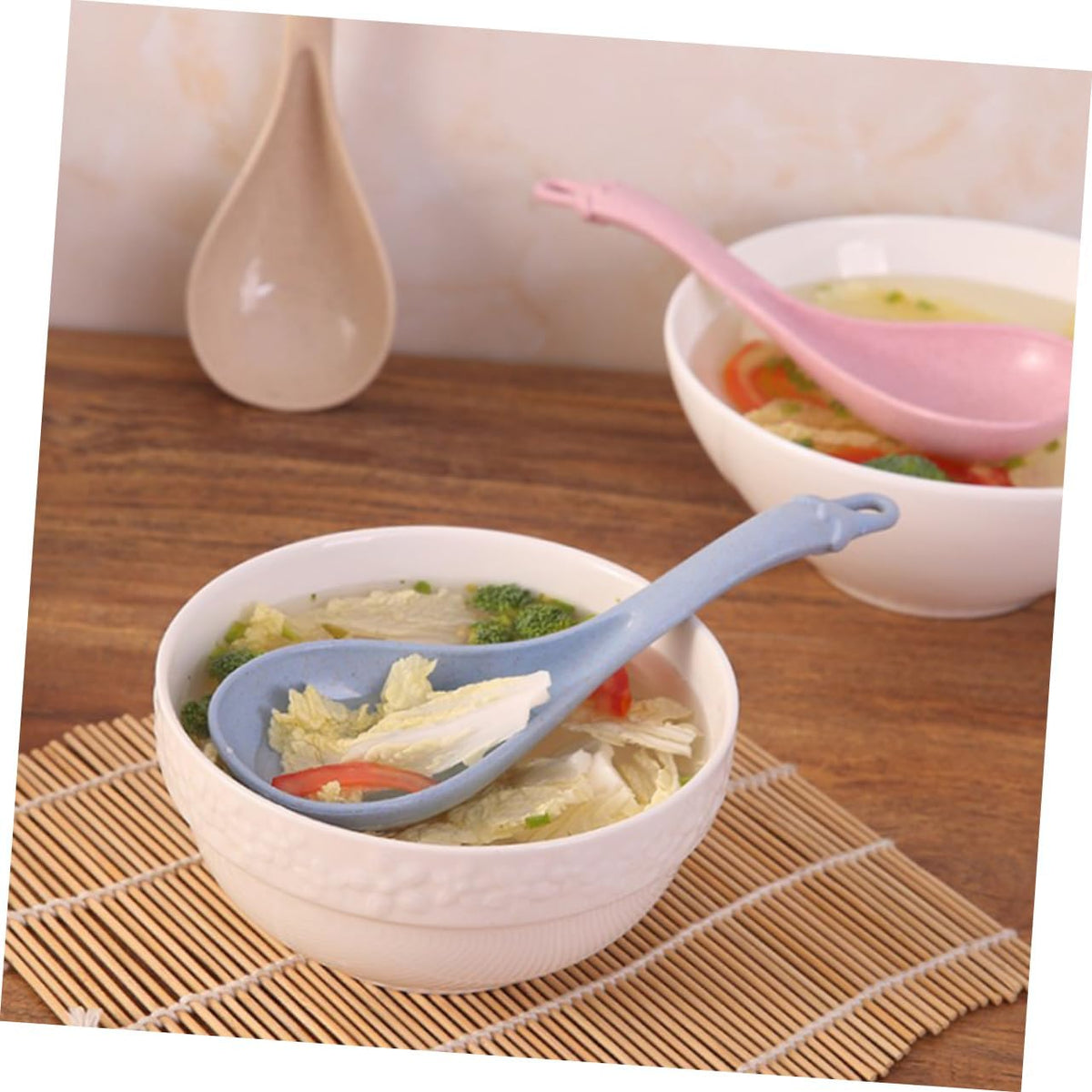 4pcs Long Handle Soup Spoons Ergonomic Food Serving and Rice Spoons for Porridge Hot Pot and More Blue Green Beige Pink Lightweight Easy to Clean for Kitchen Use