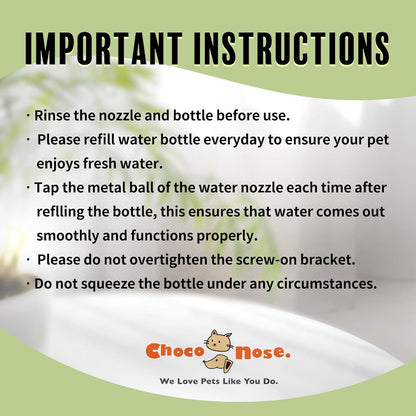 Choco Nose Patented Mini No-Drip Water Bottle/Feeder for Hamsters/Hedgehogs/Gliders/Rats/Mice/Other Small Pets and Animals - for Cages, Crates or Wall Mount. 10.2oz. Nozzle 10mm, Pink (C125)